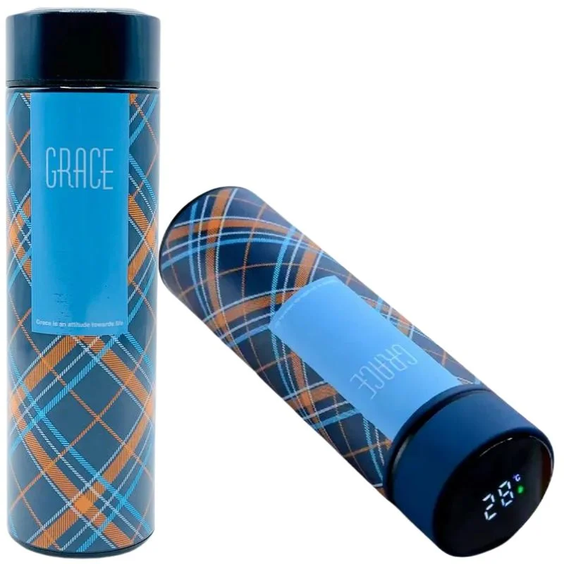 LED Temperature Display Water Bottle | Checkered Design | Smart Stainless Steel Vacuum 500ml Flask | Random Color - Image 3
