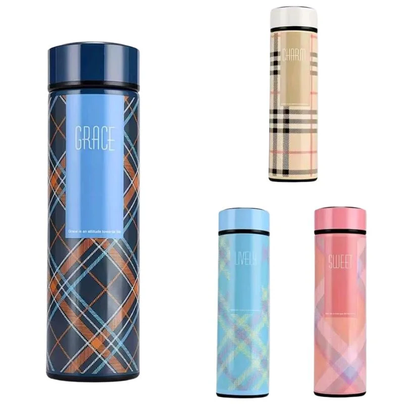 LED Temperature Display Water Bottle | Checkered Design | Smart Stainless Steel Vacuum 500ml Flask | Random Color - Image 4