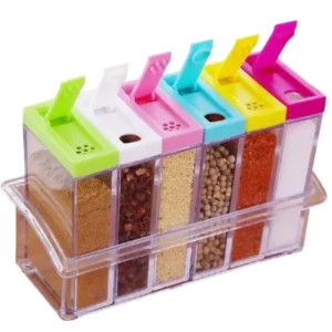 Spice Jars Dispenser Masala Rack | Crystal Seasoning Storage Set with Easy Flow Design | Airtight Kitchen Storage Containers | Set of 6